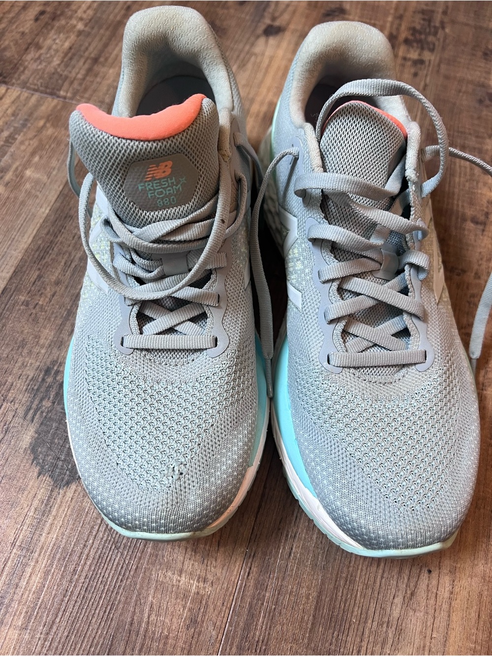 New Balance Women’s Gray Knit Running Shoes with Coral and Mint Accents